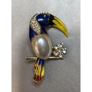 NWOT Toucan Brooch Bird Pin Multicolor Enamel Imitation Pearl Rhinestone